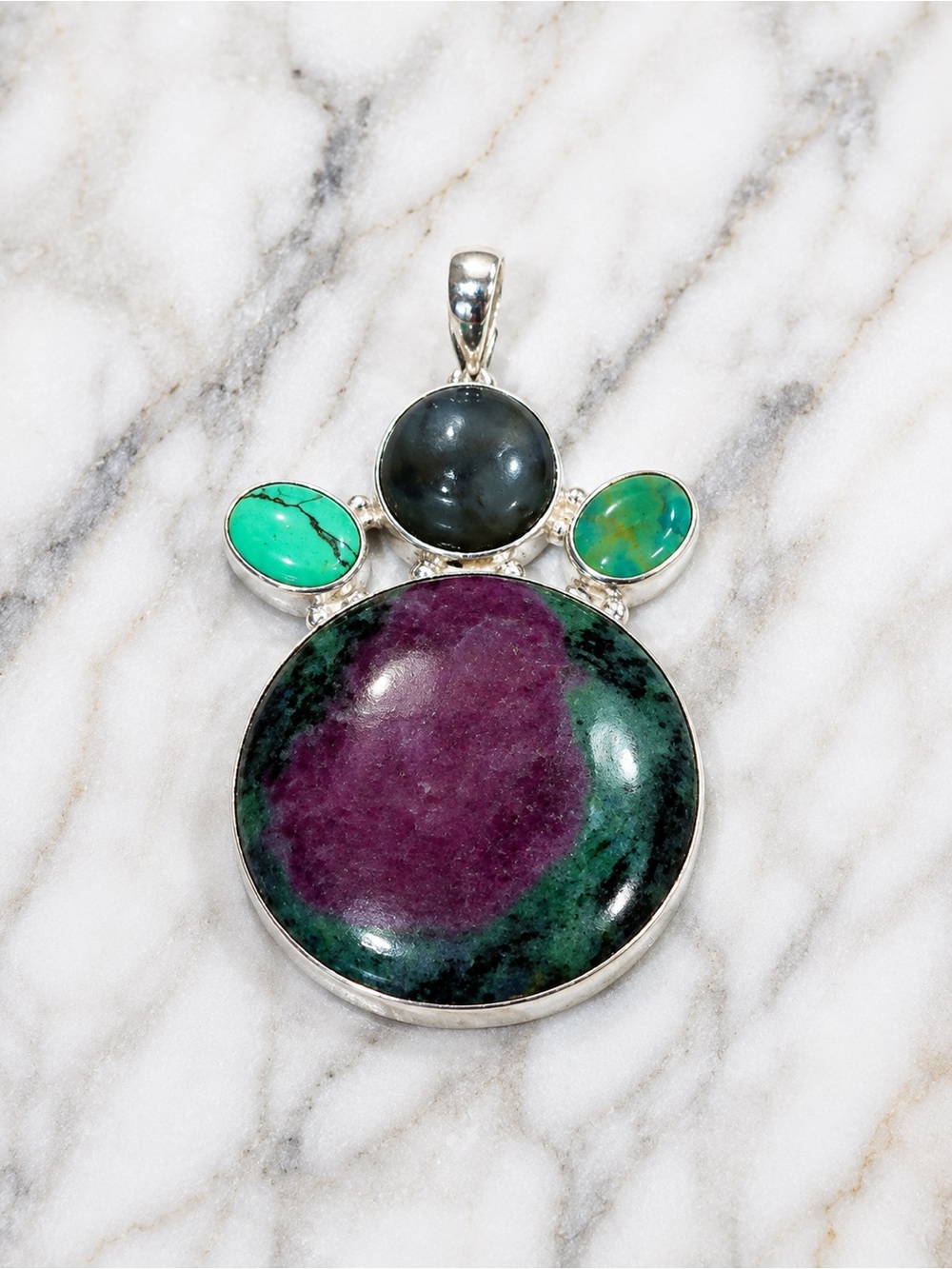 Sterling Silver Ruby Zoisite Moonstone & Green Mojave Turquoise Pendent